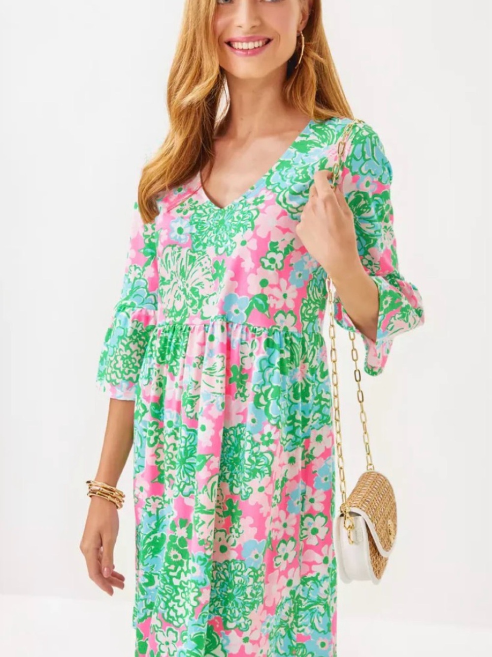 Lilly Pulitzer Pink Green Floral V-Neck Midi Dress - Picture 2 of 3